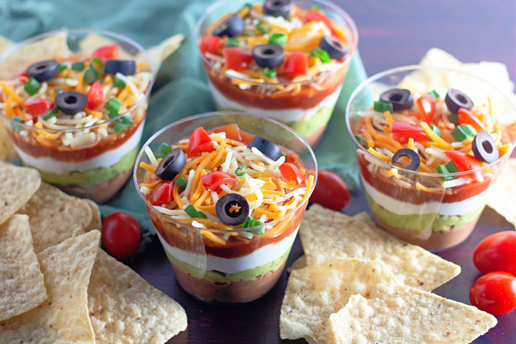 7 layer dip cups recipe with tortilla chips
