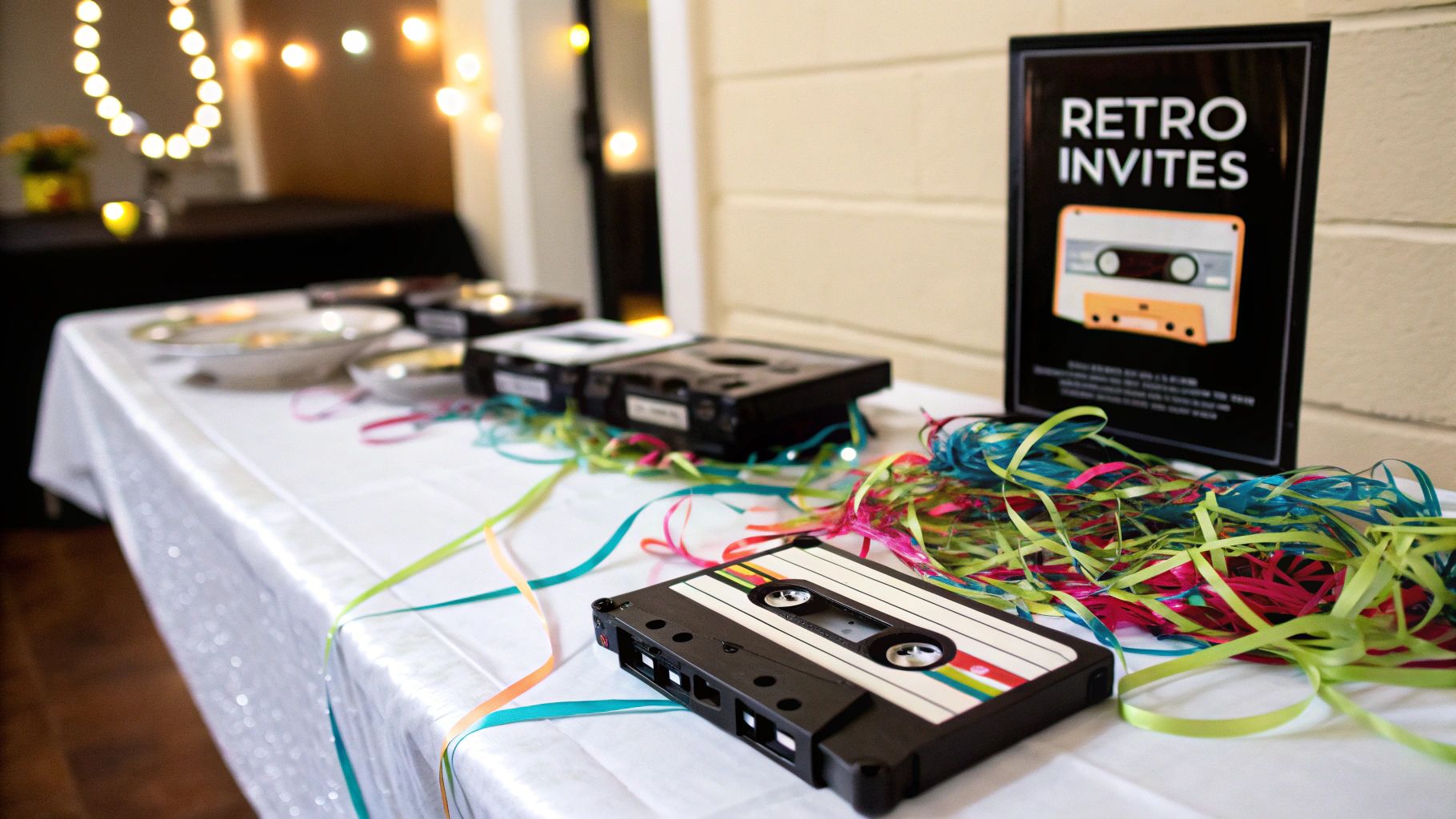 80s birthday party decor with casette apes and streamers