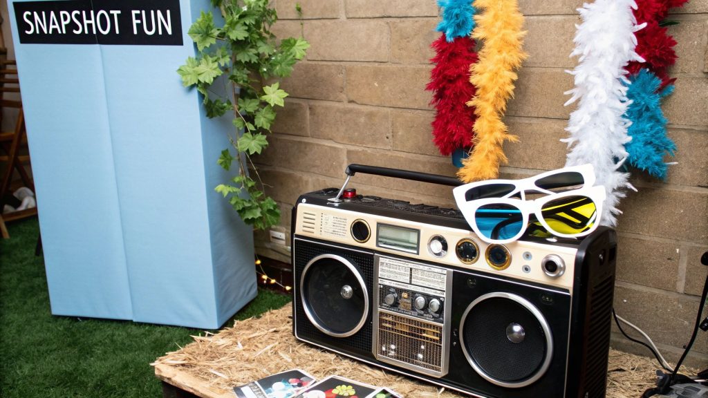 80s boombox with retro sunglasses and party leas 