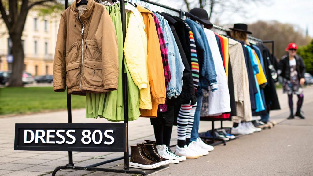 a clothes rack of awesome 80s clothes for the perfect 80s theme birthday party