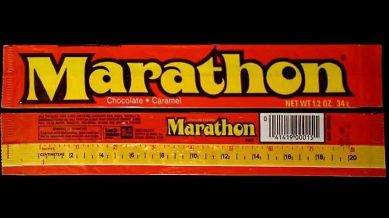 marathon candy bar with measuring tape on back of packaging