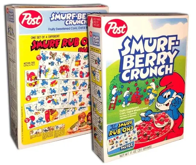 smurf-berry crunch cereal box from the 80s and also the back of the box showing stickers