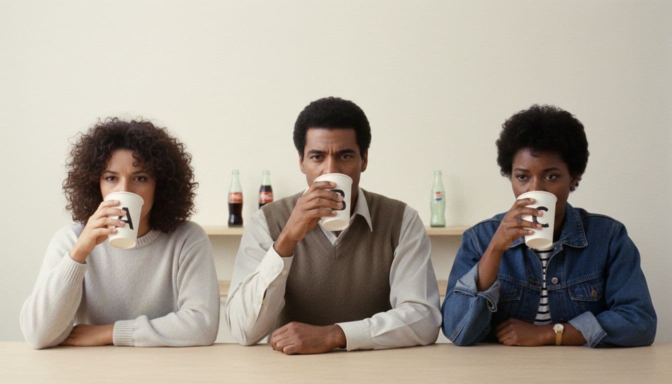 Three diverse adults sip letter-labeled white cups at a table, blurred Coke and Pepsi bottles in background.