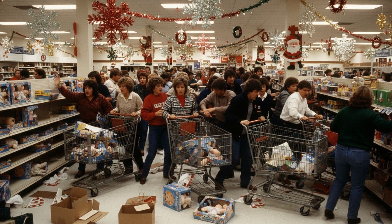 Crowds of parents push carts near half-empty Cabbage Patch doll shelves in chaotic 1980s department store.
