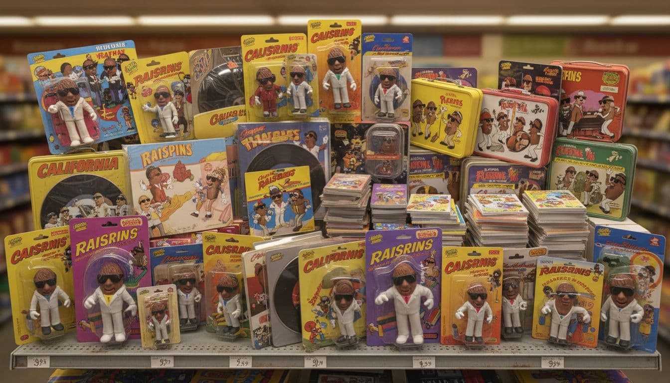 Cluttered supermarket shelf overflows with California Raisins dolls, records, lunchboxes, cards, and posters in colorful packaging.