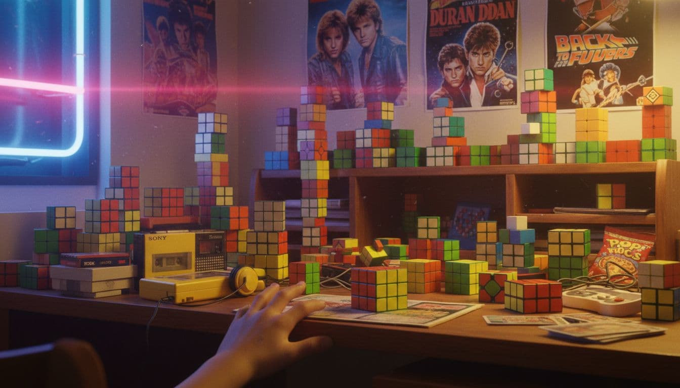 Cluttered desk and shelves overflow with colorful scrambled and solved Rubik's Cubes, one in focus near relaxed child's hand, posters and Walkman nearby.