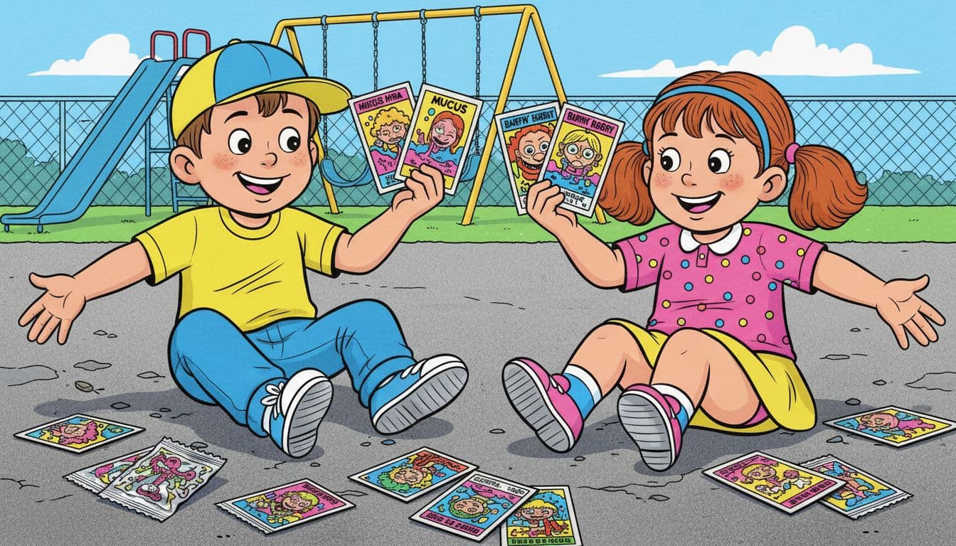 Two kids in schoolyard trade colorful gross-out cards from packs, scattered slime and messy cartoon kid cards on ground near fence and swings.