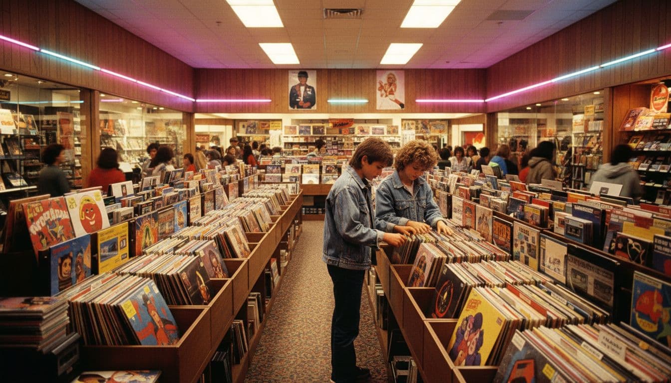 Two teenagers browse crowded bins of vinyl records, cassettes, and 8-tracks in 1980s mall record store with posters on walls. A great scene from the 80s mall stores.