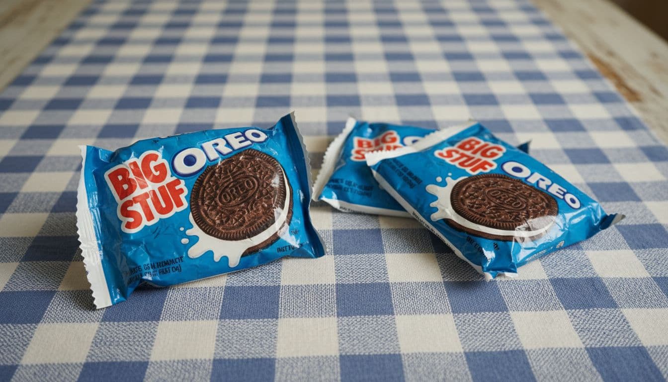 Single Oreo Big Stuf wrapper and fanned stack of three on checkered tablecloth.