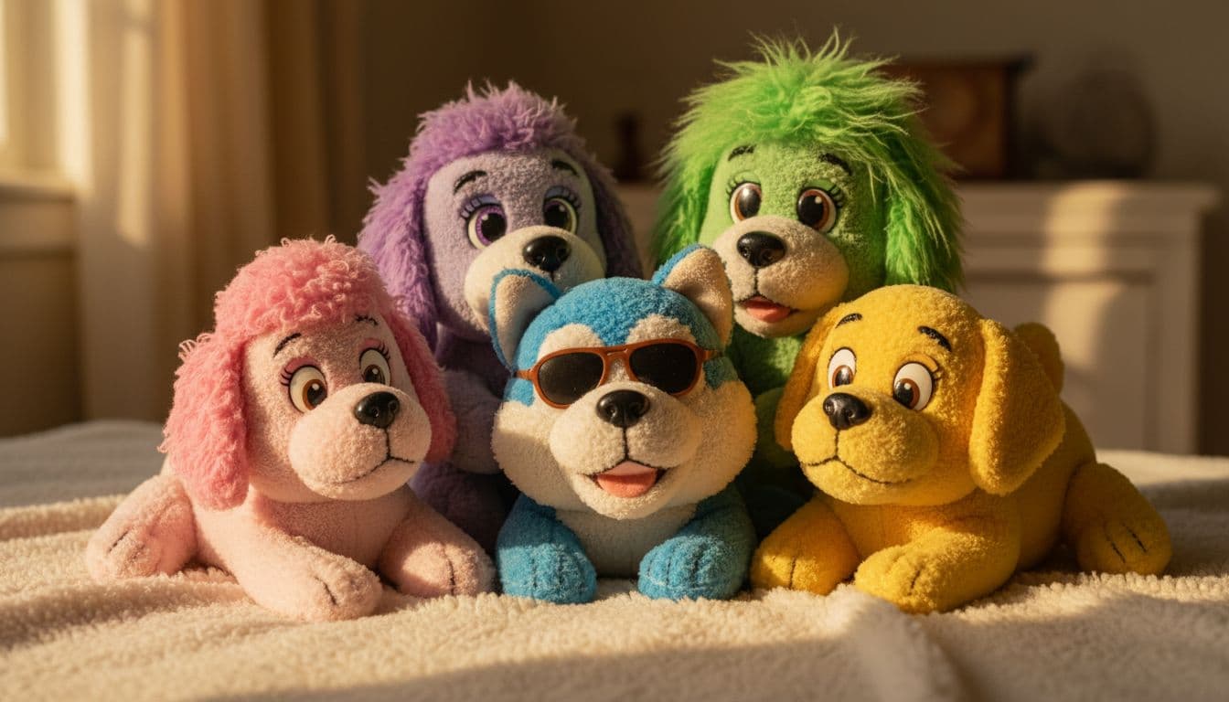 Five 1980s Pound Puppies plush toys arranged on fluffy blanket in warm light.