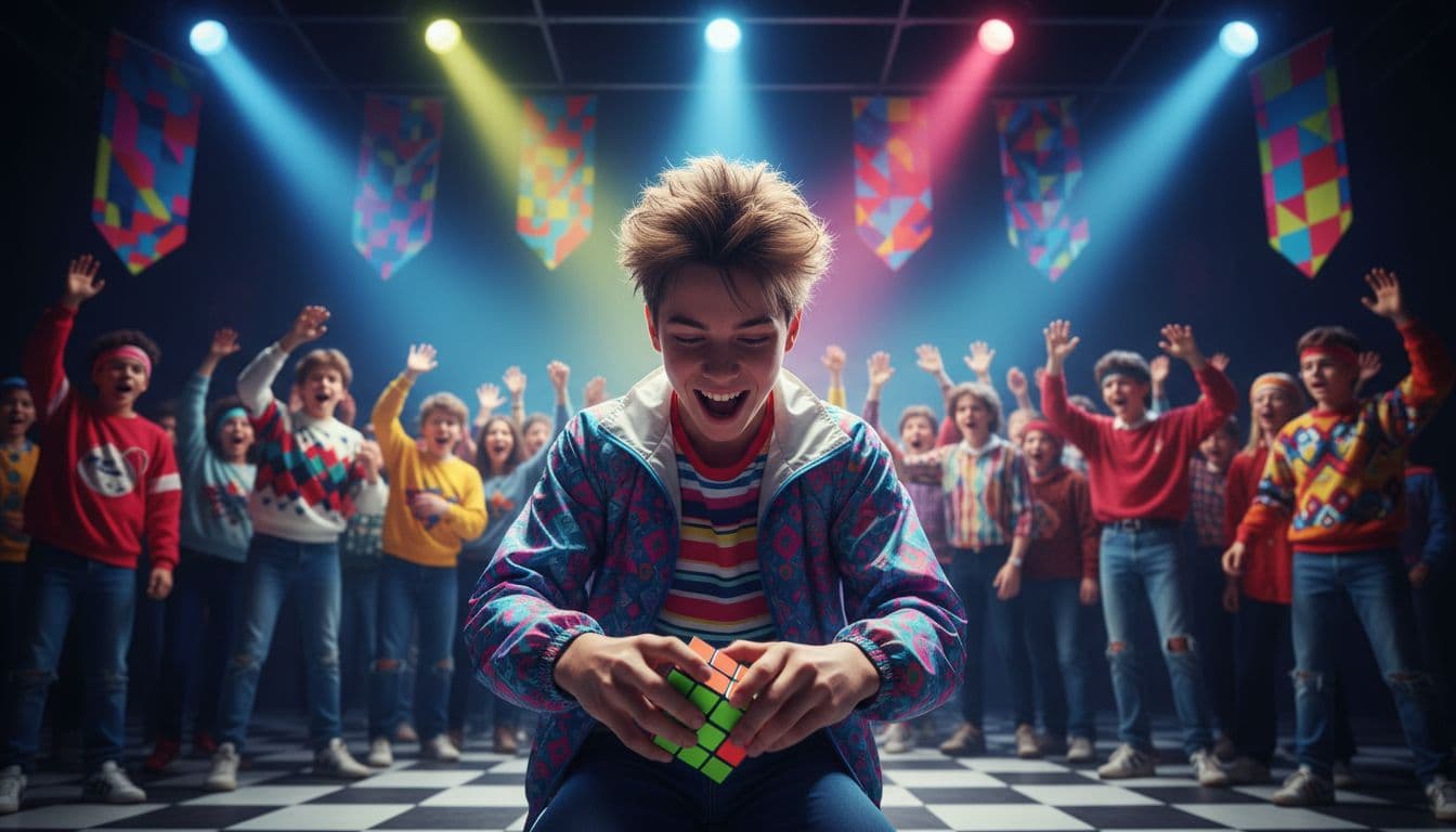 Teenager on stage rapidly solves Rubik's Cube with blurred cheering kids crowd in 80s fashion under spotlights.
