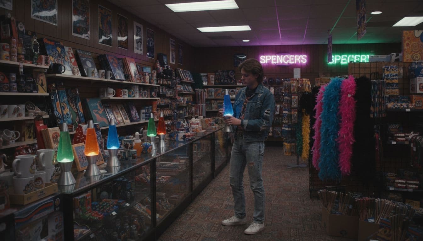 Teenager examines glowing lava lamp in cluttered 1980s mall store with blacklight posters, novelty items, and neon lighting.