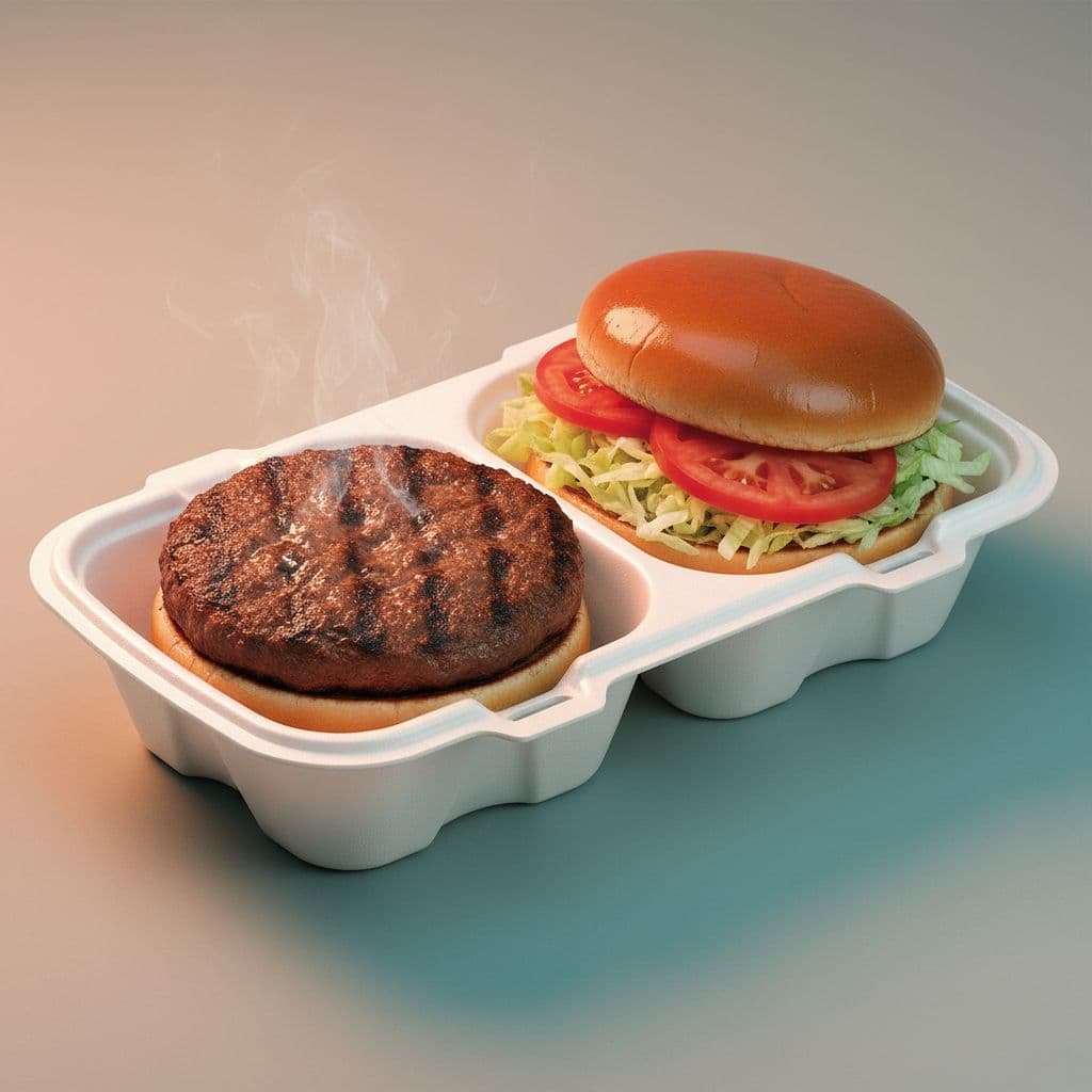 Styrofoam container with two compartments: one holding burger patty and bottom bun, the other lettuce, tomato, and top bun.