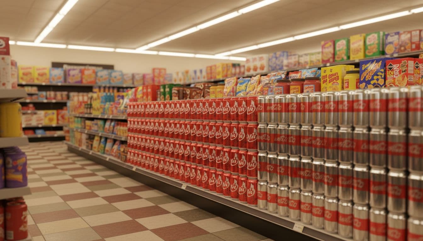 1980s supermarket aisle shelves stocked with red Coca-Cola cans next to silver New Coke cans under fluorescent lights.