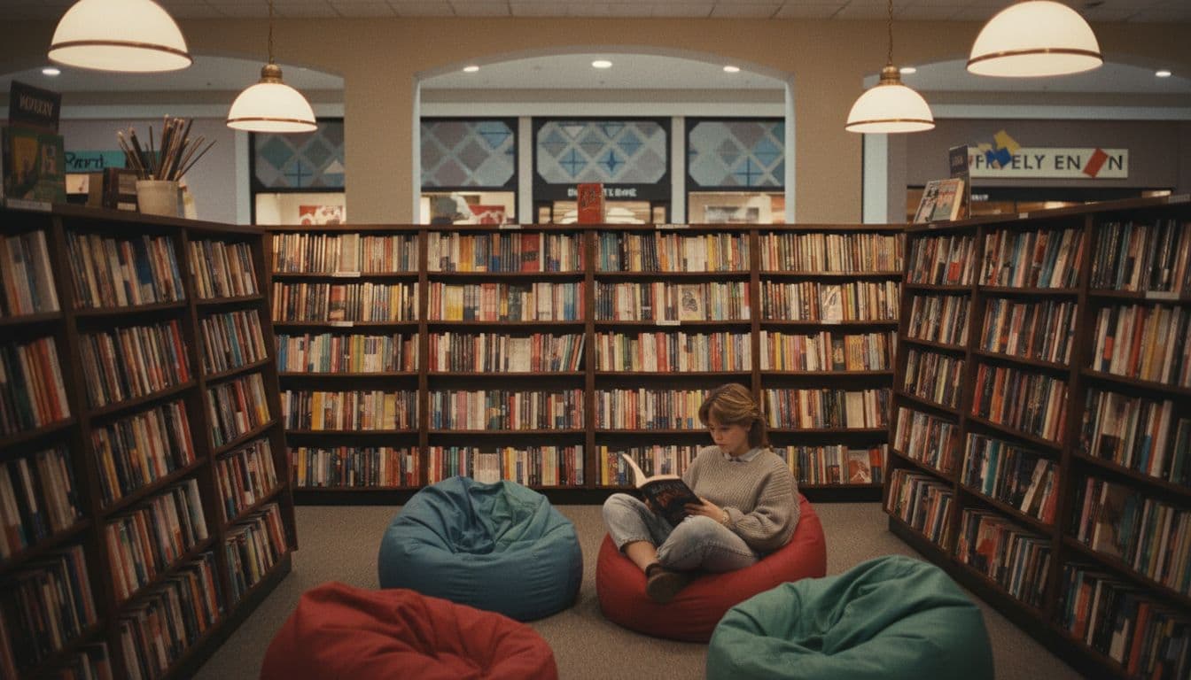 Tall wooden shelves crammed with colorful paperbacks in a 1980s mall bookstore, teen reading cross-legged in bean bag area under warm lamps. 80s mall stores peak comfort!