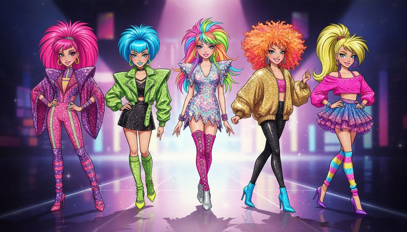 Five cartoon girls in sparkling neon 80s outfits with big hair and shoulder pads strut on a spotlighted runway.