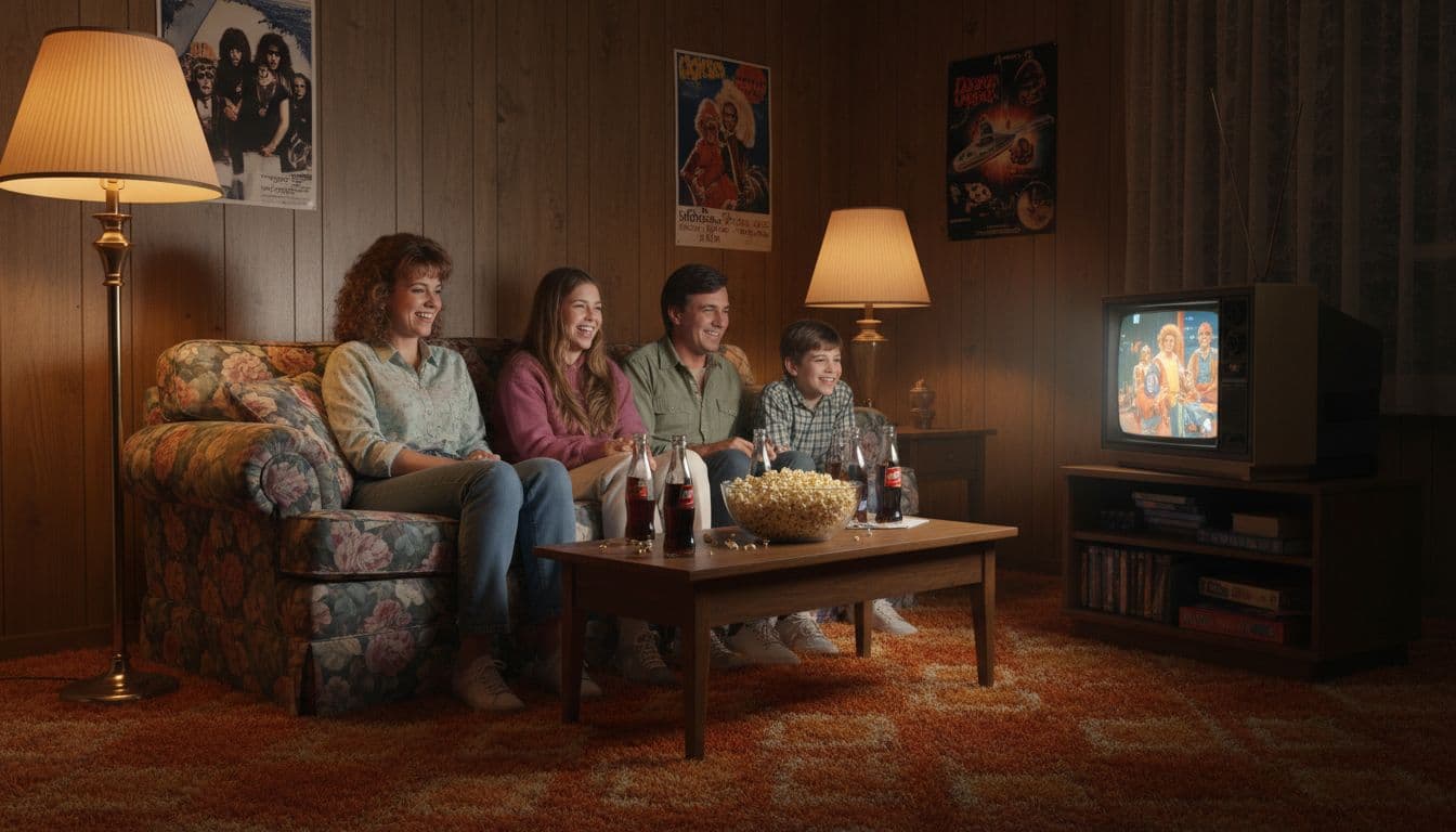 Mom, dad, and two kids on floral couch watch CRT TV sitcom in wood-paneled living room with popcorn listening to an 80s tv theme songs intro to their favorite show.