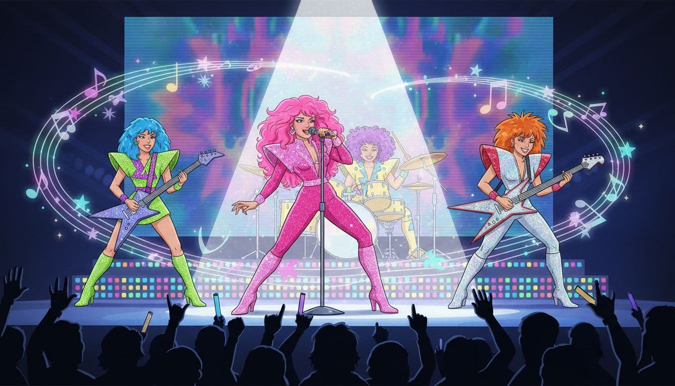 Four young women in cartoon-style 80s rock band perform dynamically on stage with pink-haired lead in spotlight, neon lights, and holographic effects.