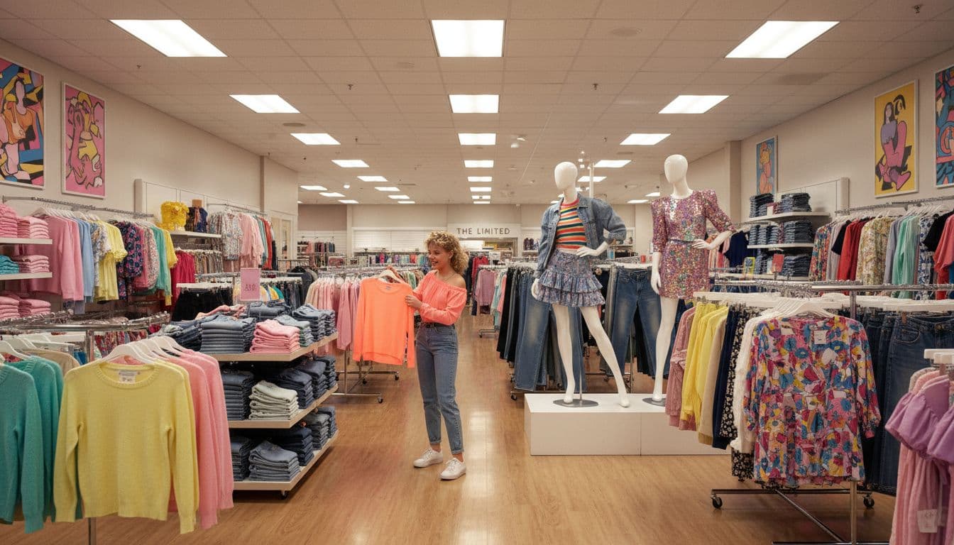 Bright 1980s 80s mall stores women's clothing with racks of pastel sweaters, acid-washed jeans, blouses, skirts, posed mannequins, and teen girl holding neon top.