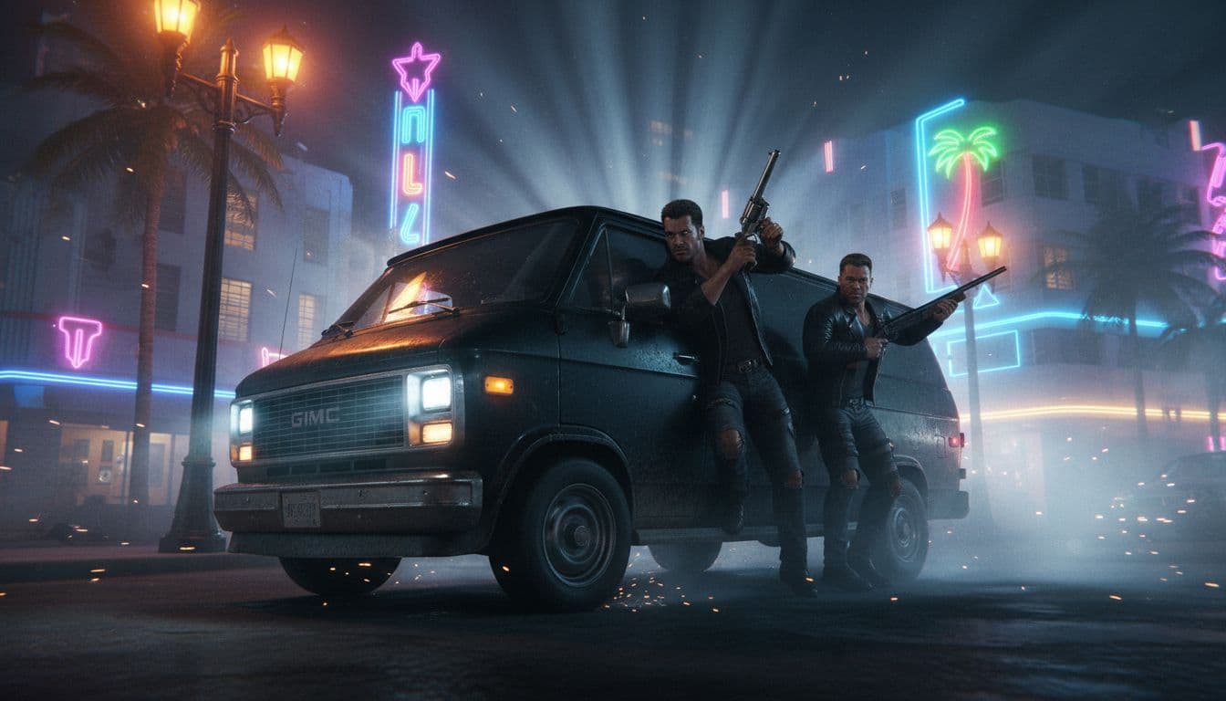 Black van speeds through foggy neon-lit 1980s streets, two men in leather jackets lean from windows with guns drawn.