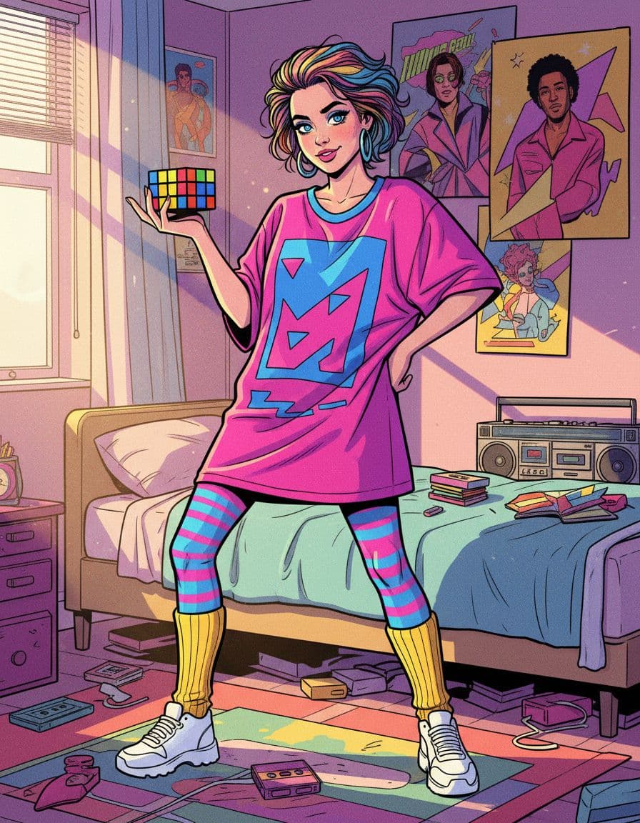 1980s teen in oversized neon shirt and leg warmers holds solved Rubik's Cube in bedroom with posters.