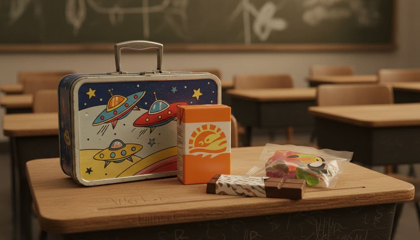 Colorful vintage metal lunchbox on wooden school desk with juice box, fruit snacks bag, and chocolate bar.