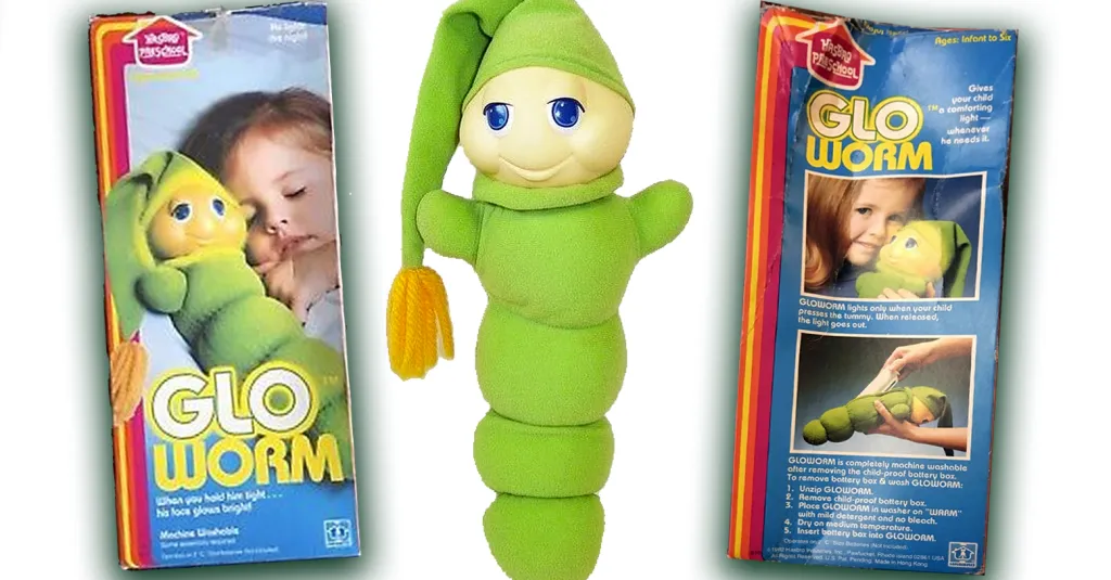 a glow worm in its original package showing both sides of the box and the glo worm unpacked