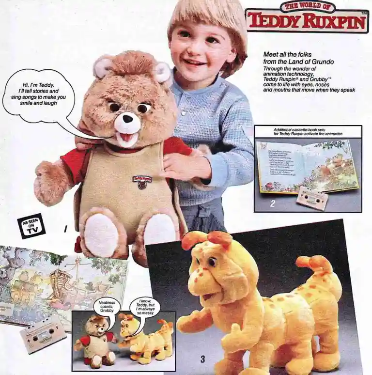 A vintage teddy ruxpin ad with grubby, a story book, ad vintage cassette tapes