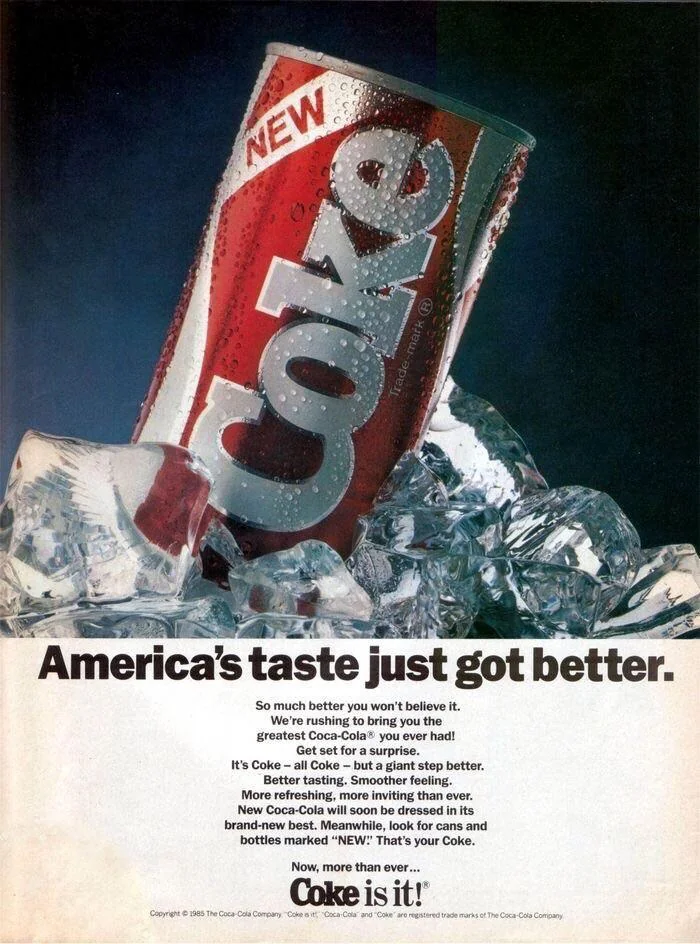 1980s supermarket ad or in the newspaper showing the New Coke cans on a pile of ice cubes.