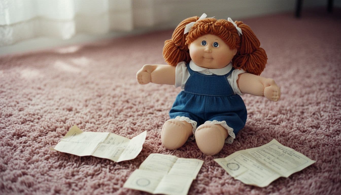 Classic Cabbage Patch Kids doll with yarn hair and stitched face sits on 1980s pink carpet amid scattered adoption papers and birth certificate.