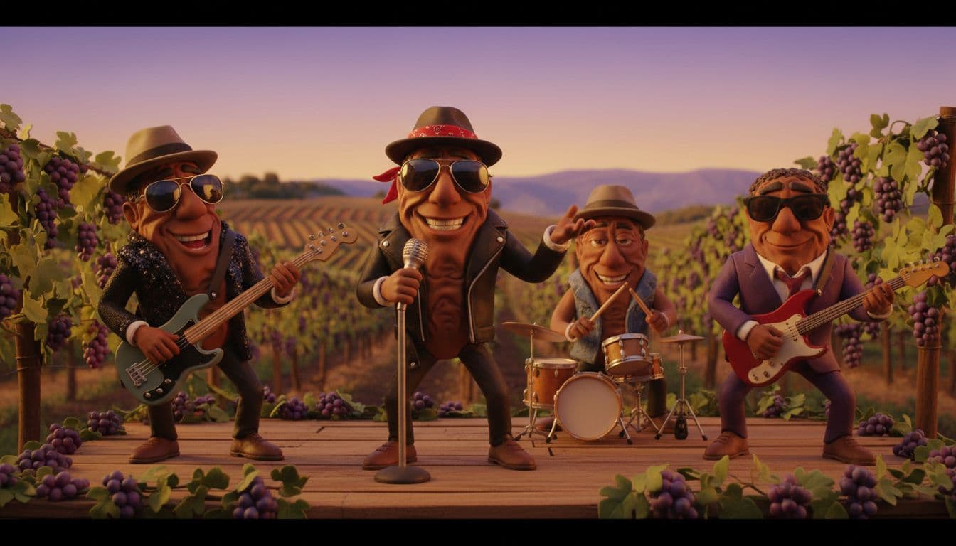 Four anthropomorphic raisins in sunglasses, leather jackets, and fedoras perform as a band on a sunny vineyard stage.