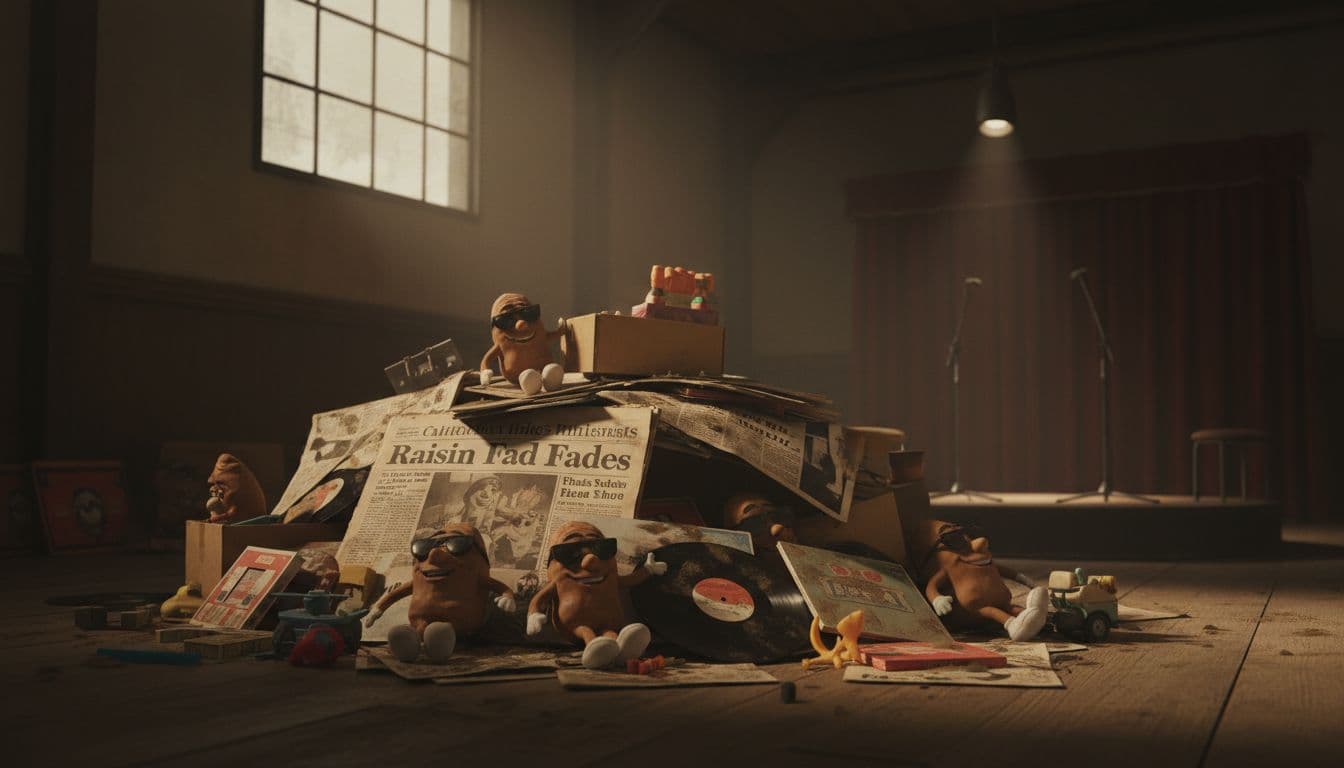 Faded 1990s headlines and unsold California Raisins dolls, albums stacked in dusty warehouse corner under dim sepia light.