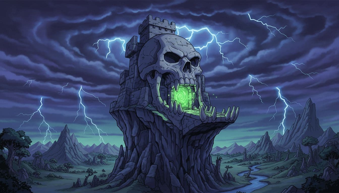 Skull-shaped Castle Grayskull on rocky cliff under stormy skies, lowered drawbridge, glowing green portal at jaw entrance.