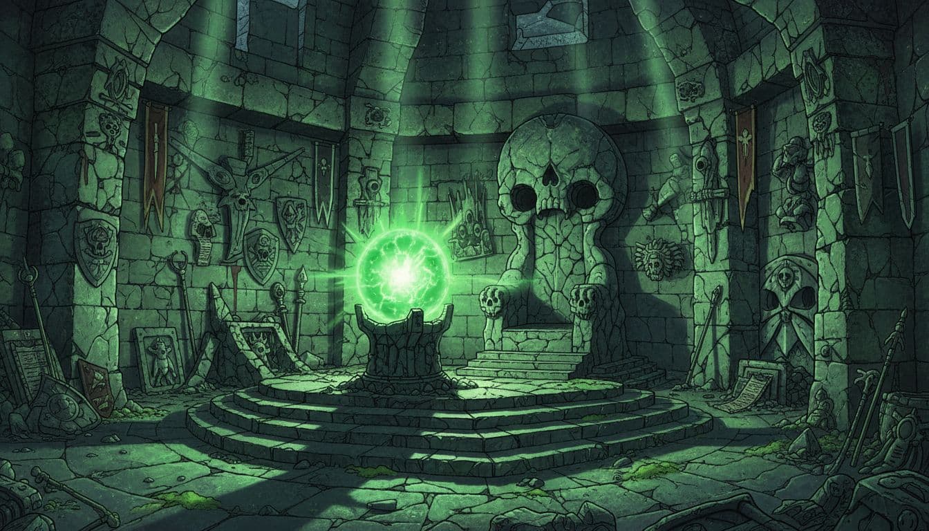 Ancient stone chamber with glowing green orb on pedestal, mystical wall artifacts, shadows, and ethereal light beams.