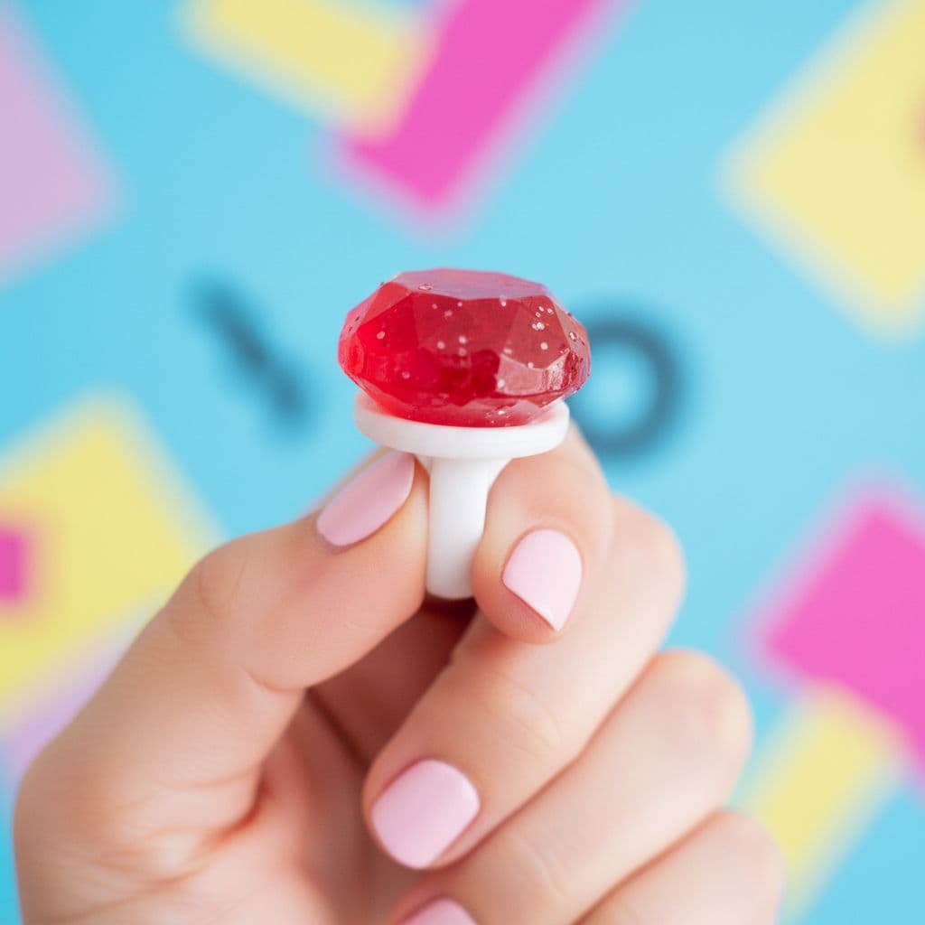 Red strawberry Ring Pops candy on a person's index finger with faceted translucent jewel on plastic ring.