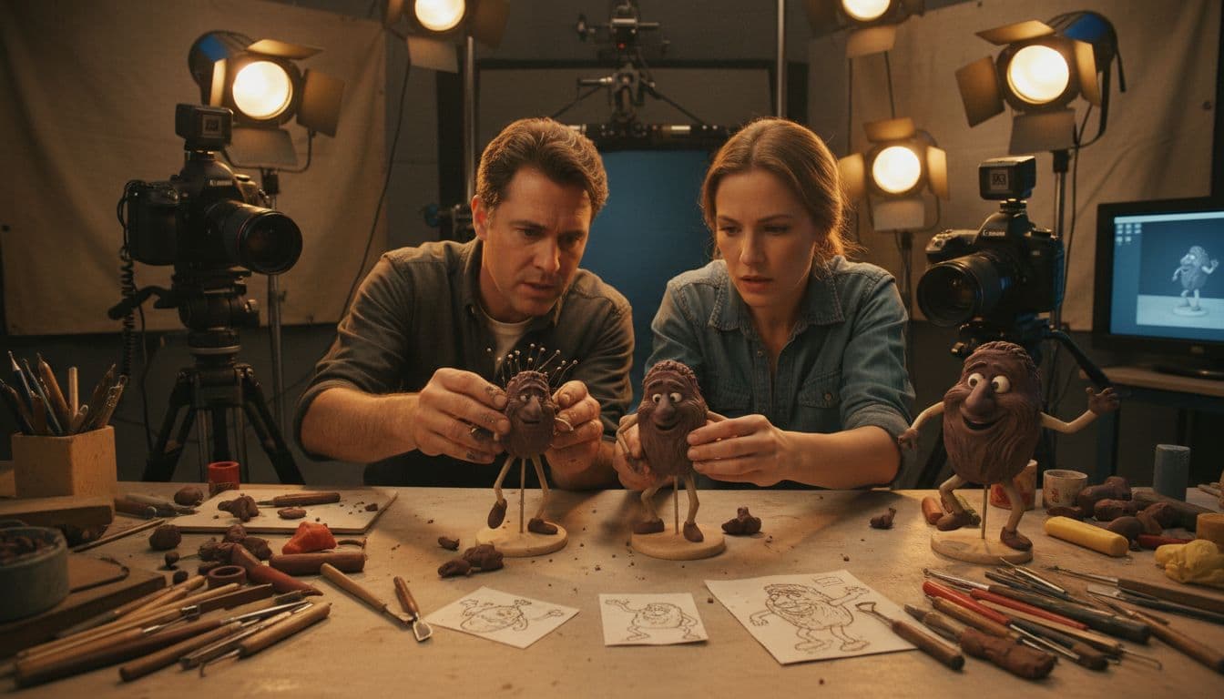 Two animators pose small California Raisin clay figures on armatures in cluttered stop-motion studio under lights.