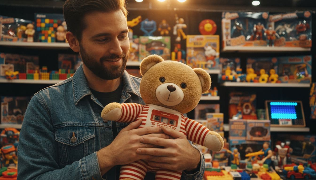 Smiling modern collector holds restored Teddy Ruxpin bear at 80s toy convention booth with other retro toys behind.