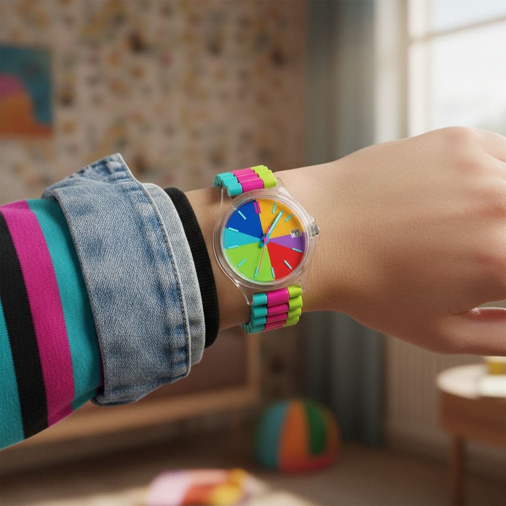 swatch watches Close-up of bright multi-colored plastic analog wristwatch on person's wrist.