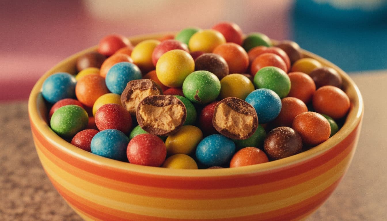A glass bowl sits filled with a vibrant assortment of round, candy-coated peanut butter treats.