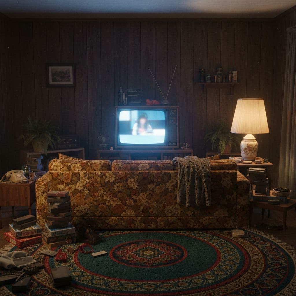 A retro living room features wood-paneled walls, a bulky CRT television, and a patterned vintage sofa playing the facts of life sitcom