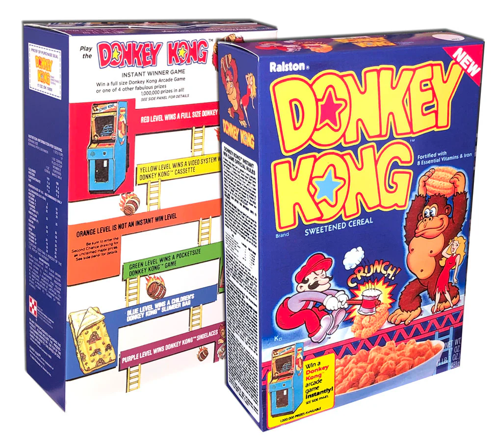 vintage 80s donkey kong cereal boxes showing front and back