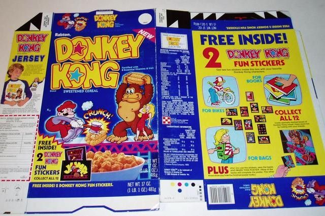 another look at the back and front of the 80s discontinued donkey kong cereal with a different game on the back.