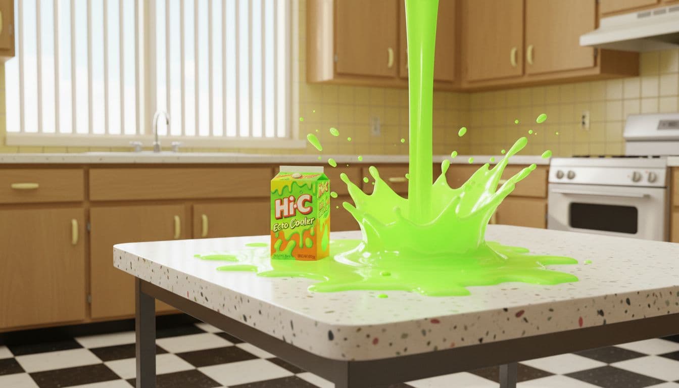 1980s Hi-C Ecto Cooler juice box on kitchen table with Ghostbusters slime dripping and neon green splash in retro 80s kitchen.