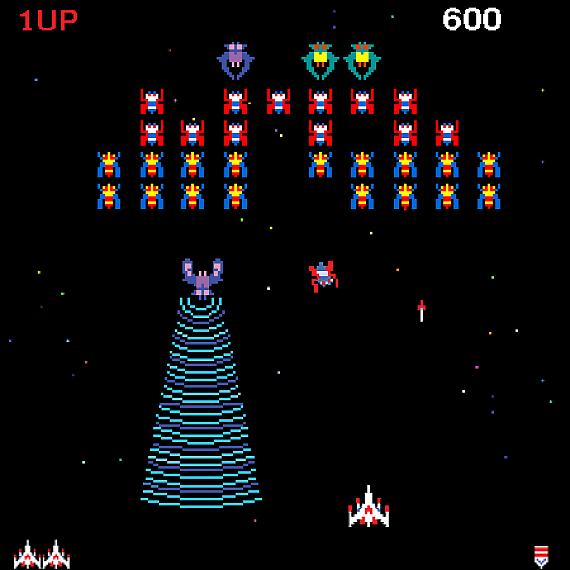 video pixel game screen of galaga vintage 80s arcade games