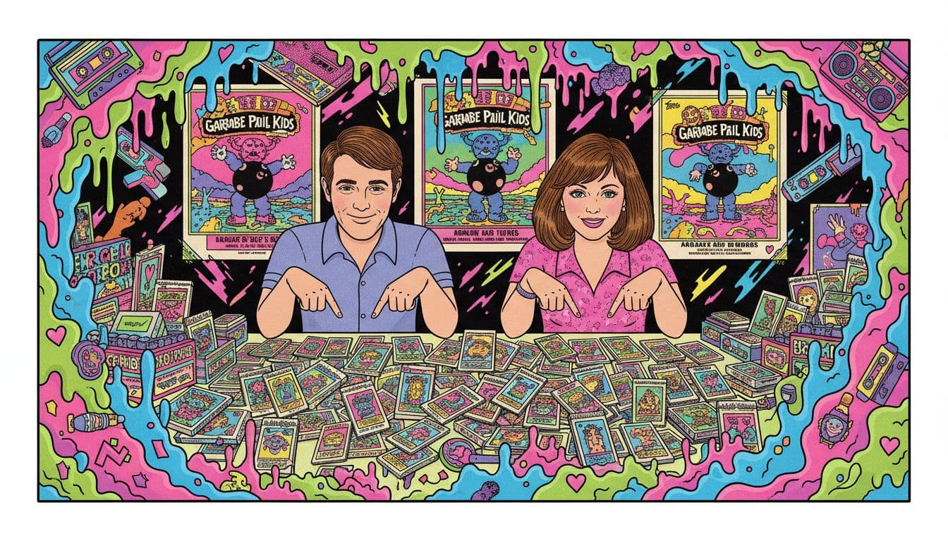 Two adults at convention table inspect sealed Garbage Pail Kids packs and graded cards with retro posters.