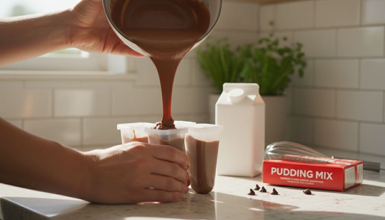 Two hands pour chocolate pudding mix into popsicle molds on kitchen counter with milk carton and pudding box nearby is an easy way to make your Jell-o pudding pops.