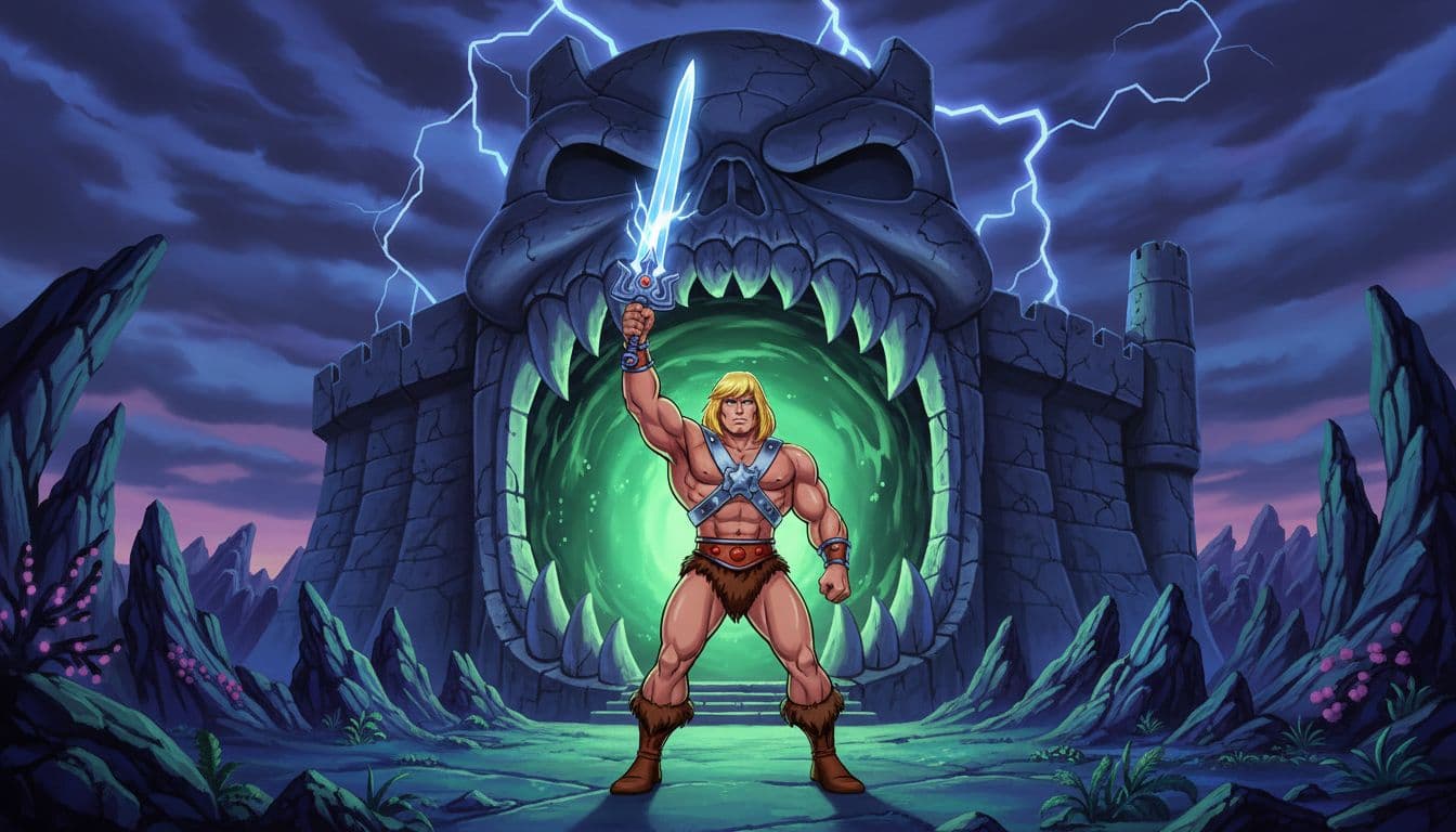 He-Man stands before Castle Grayskull's open glowing jaw gate, power sword raised in dramatic pose amid wilderness and lightning.