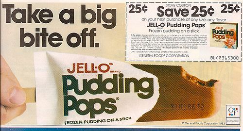 a vintage coupon and paper ad for jello pudding pops