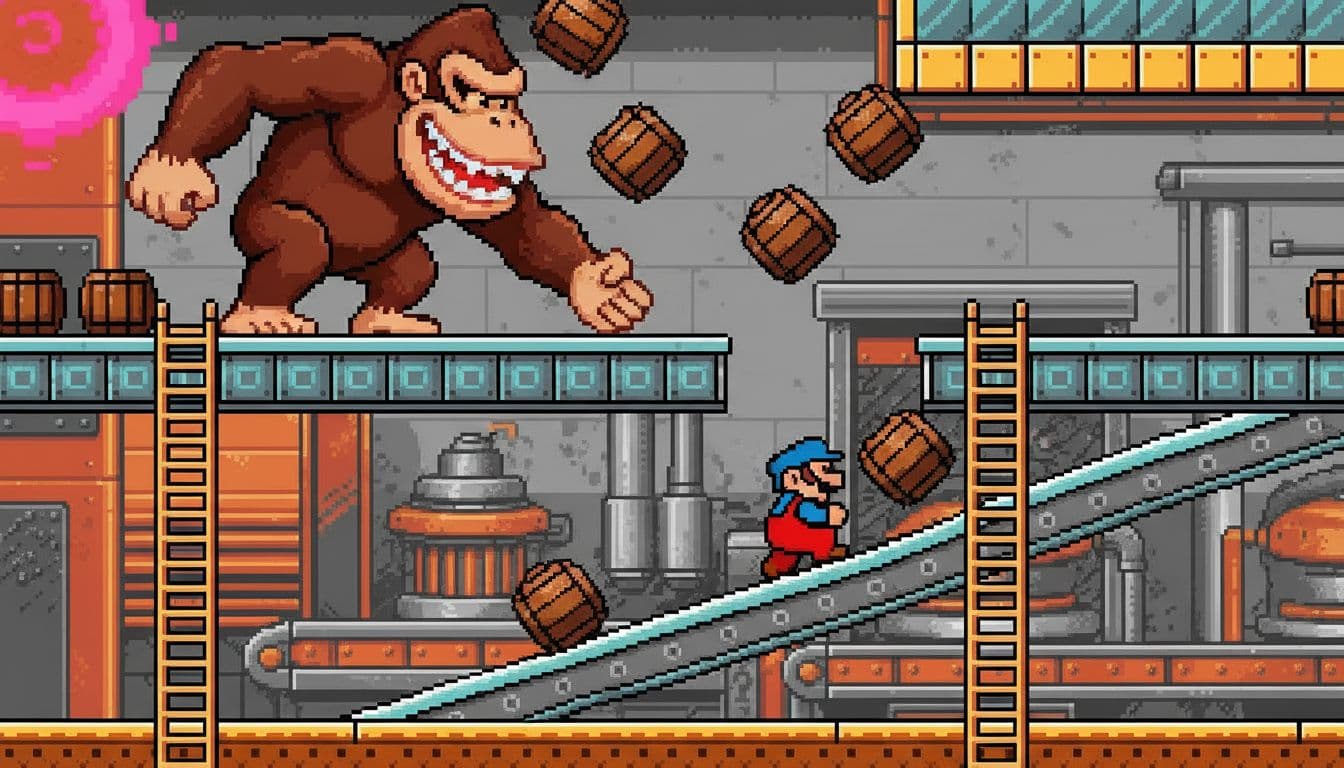 Jumpman jumps over rolling barrels thrown by Donkey Kong on factory girders.