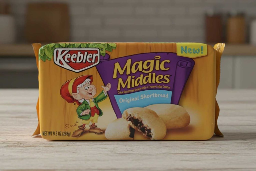 Colorful Magic Middles box on 1980s kitchen counter with chocolate chip cookies, one split open oozing filling on the package